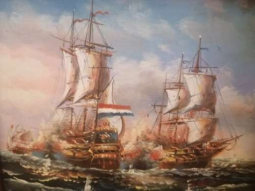 Painting of War Ships by J. Harvey framed