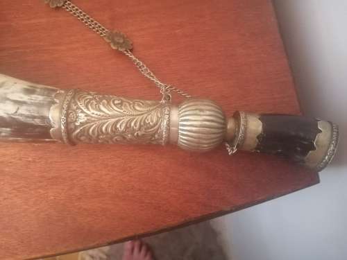 Large Antique Powder Horn with silver plate Embellishments.