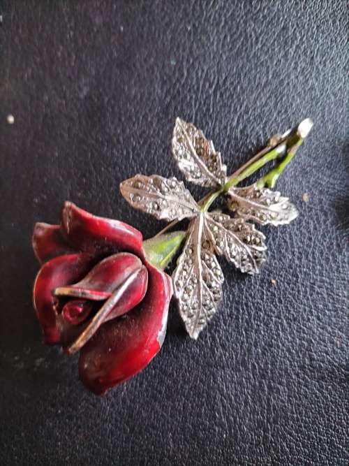 Marcasite and Enamel Rose Brooch