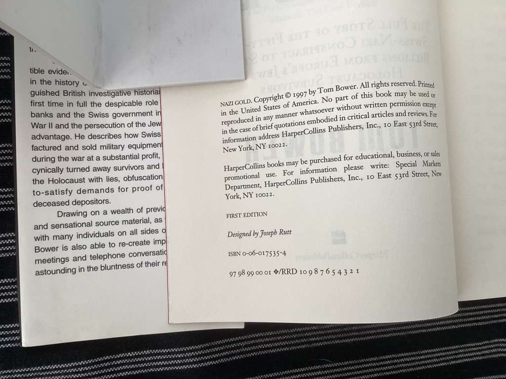 Nazi Gold by Tom Bower. First Edition Hardback, in a Good condition.