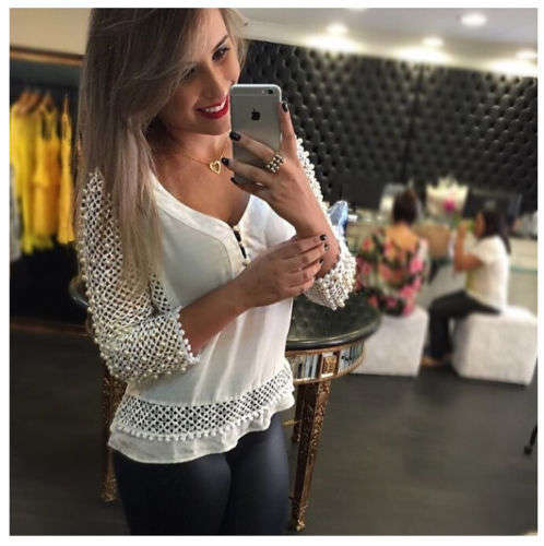 Women's Fashion Loose Chiffon V-Neck Tops Long Sleeve Shirt Casual Blouse