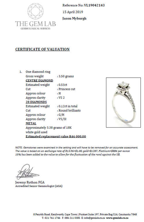 Custom made 0.53 ct Princess cut Diamond on 18 ct White Gold Ring