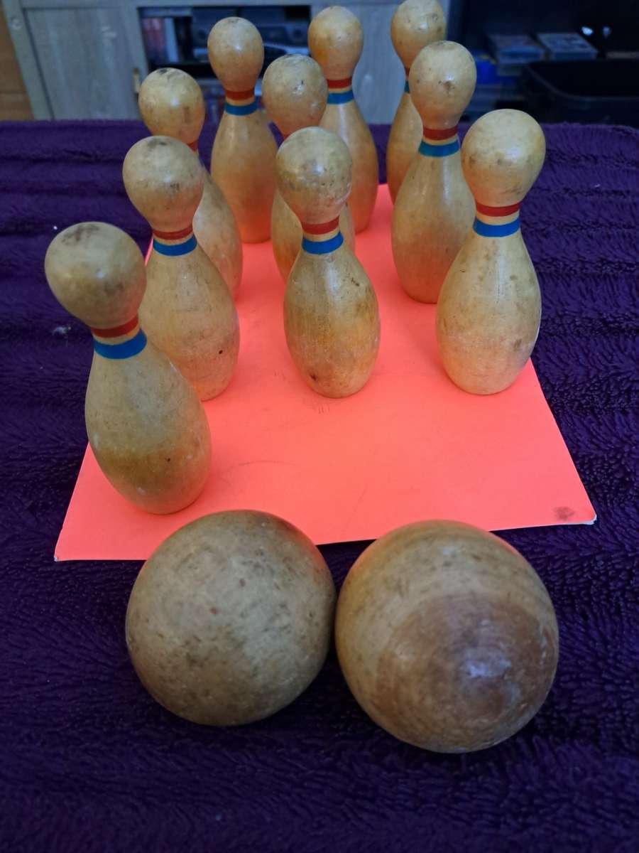 Vintage wooden Bowling pins and balls