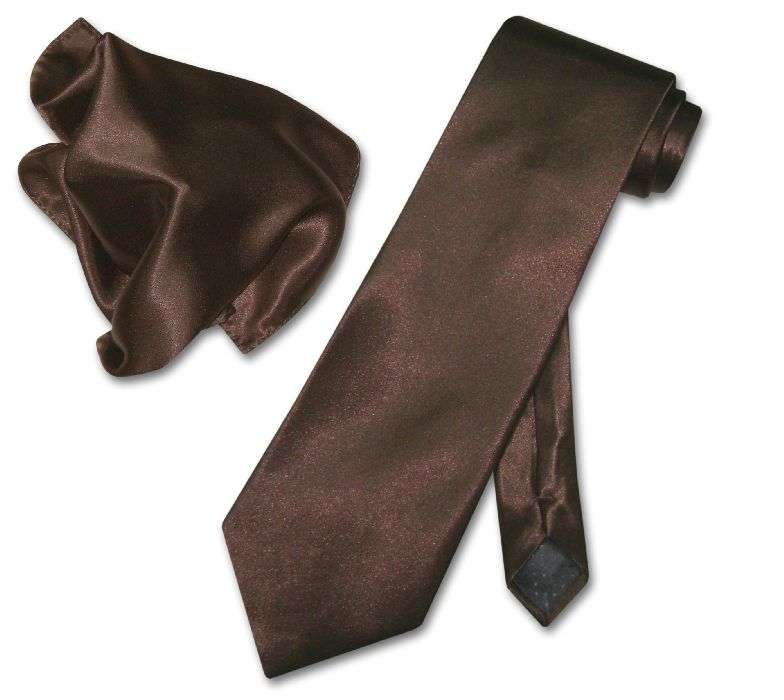 PLAIN DARK BROWN 100% SILK NECK TIE + MATCHING HANKIE + MATCHING CUFFLINKS