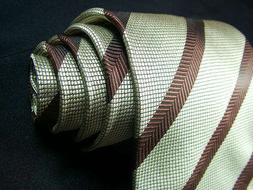 STRIPED BROWN & GOLD 100% SILK NECK TIE + MATCHING HANKY + MATCHING CUFFLINKS