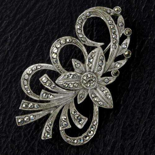 SOLID STERLING Silver Marcasite Brooch -- Good Condition!