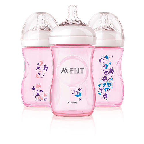 Philips AVENT 260ml (9 Oz) BPA-Free Natural Bottles 3-Pack - Pink Flowers
