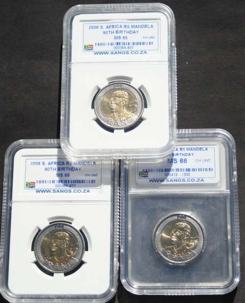2008 MANDELA BIRTHDAY R5 SANGS GRADED MS 65 X 3 COINS ONE BID TAKES ALL