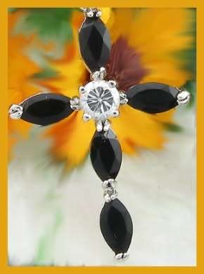 Cross pendent with simulated sapphires and white gold plated chain