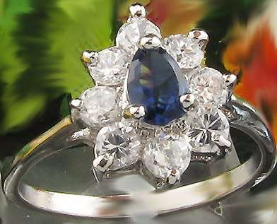Princess style simulated sapphire and diamond ring in white gold overlay