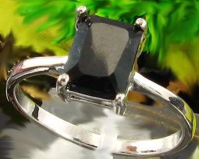 Simulated black sapphire square cut ring with white gold overlay