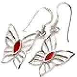 Sterling silver butterfly earrings with red coral insets