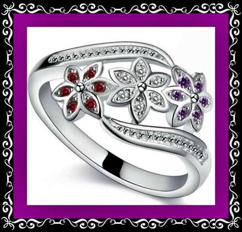 Colourful tiny flower design 3 colour CZ Ring S8