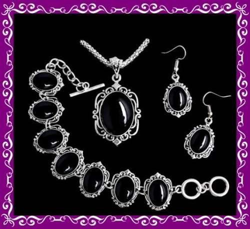 Tibetan silver faux onyx pendant, bracelet and earring set