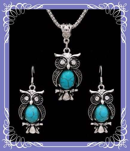 Tibetan silver and turquoise owl necklace, pendant and earrings set