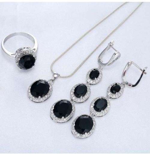 Necklace and pendant, earrings and ring simulated sapphire set