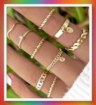 Simulated Gemstone and twist Ring set Gold color 9pc