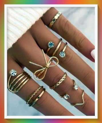 Bow & Rhinestone knuckle Rings - Gold colour 8pc set