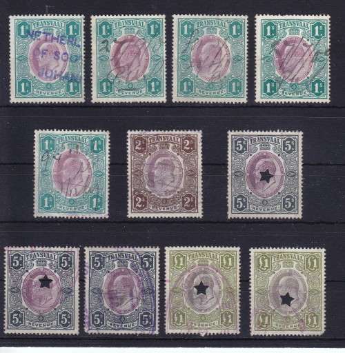 TRANSVAAL KING EDWARD REVENUE STAMPS INCLUDING TWO ONE POUND VALUES