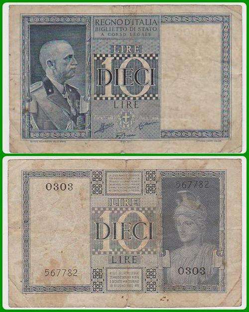 ITALY -  1938 XVII - 10 LIRE - PIC 25b - VG/F NOTE - (567..)
