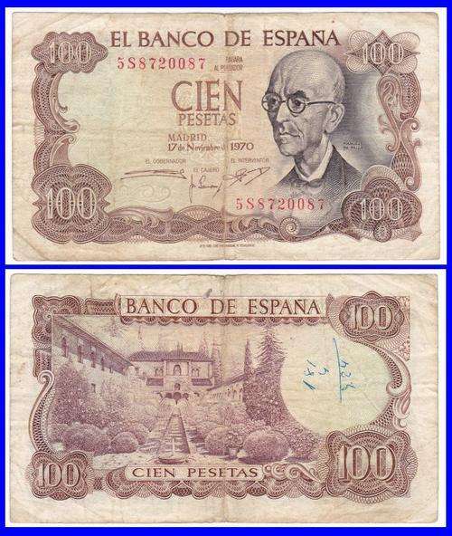 SPAIN - 1970(74) - 100 PESETAS - PIC#: 152a - F NOTE - (S/N: 5S872..)