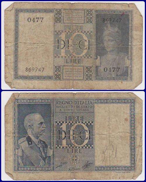 ITALY - 10 LIRE - VG NOTE - S/N: 869..