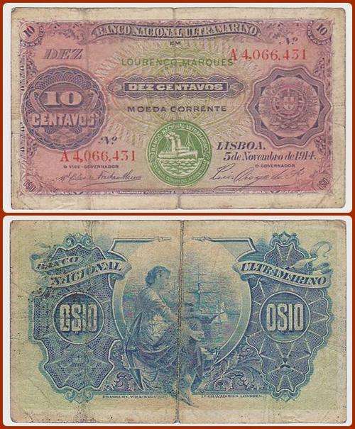 MOZAMBIQUE - 1914 3RD - 10 CENTAVOS - VG NOTE - S/N: A406..