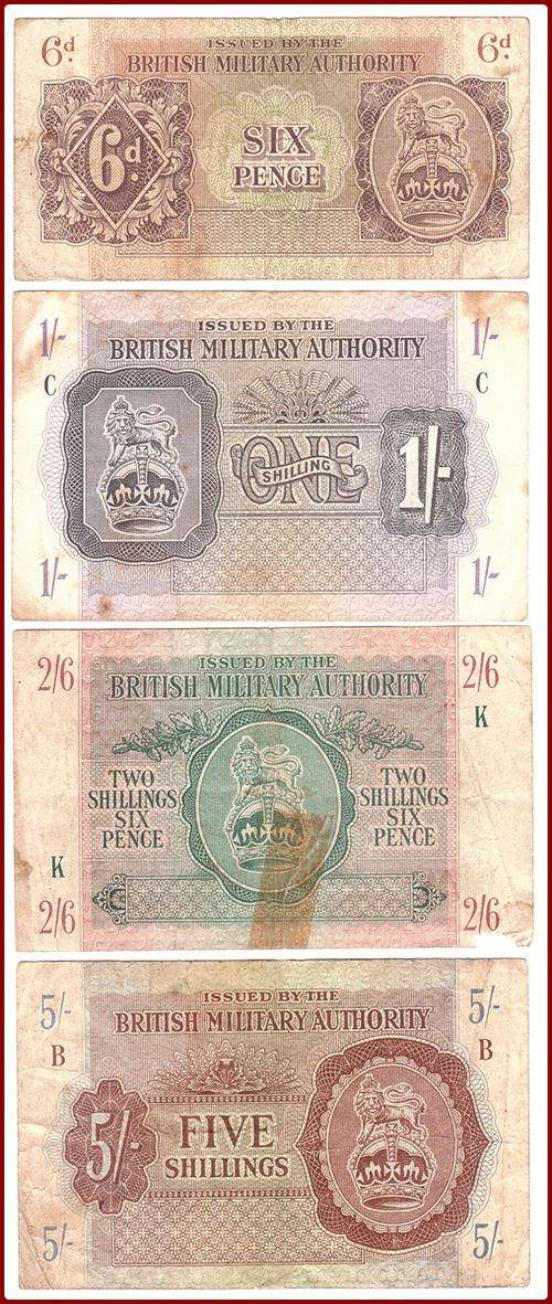 ND(1943) - BRITISH MILITARY AUTHORITY - 6d, 1/-, 2/6 & 5/- NOTE SET - WW 2
