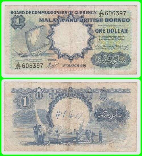 MALAYA & BRITISH BORNEO - 1959 - ONE DOLLAR - PIC# 8a - F NOTE - SER# A/37 606397