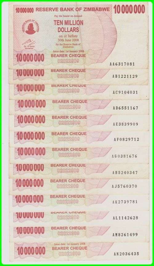 ZIMBABWE - 1 JAN 2008 - 10 000 000 DOLLAR BEARER CHEQUE - SERIAL NUMBER COLLECTION