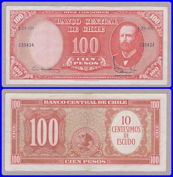 CHILE - ND(1960/1) - 1O CENTIMOS ON 100 PESOS - PIC# 127 - VF NOTE - SER# 239434