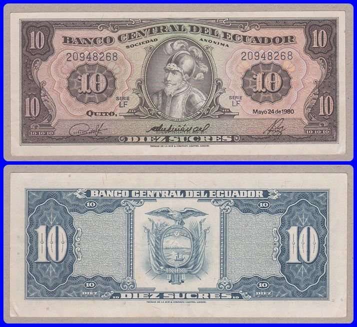 ECUADOR - 1980 - 10 SUCRES - PIC# 114b - VF/XF NOTE - SER# 20948268