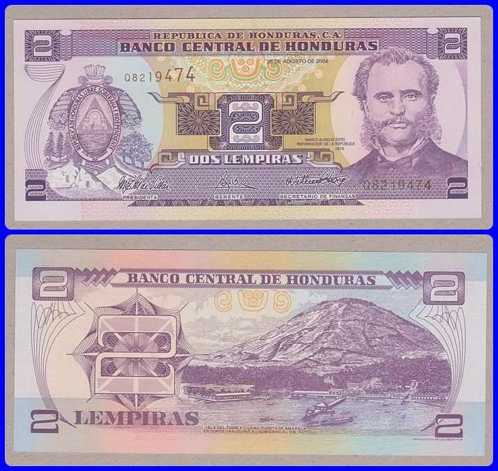 HONDURAS - 2004 - 2 LEMPIRAS - PIC# 80A - XF/UNC NOTE - SER# Q8219474