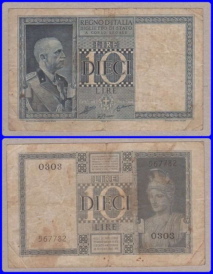 ITALY - 1938 - 10 LIRA - PIC# 25b - F NOTE - SER# 567782