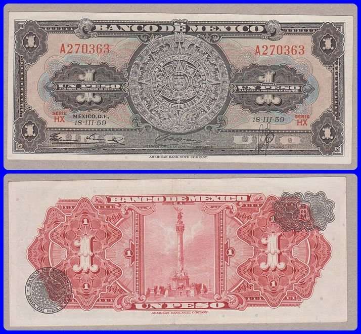 MEXICO - 1959 - 1 PESO - PIC# 59e - XF NOTE - SER# A270363
