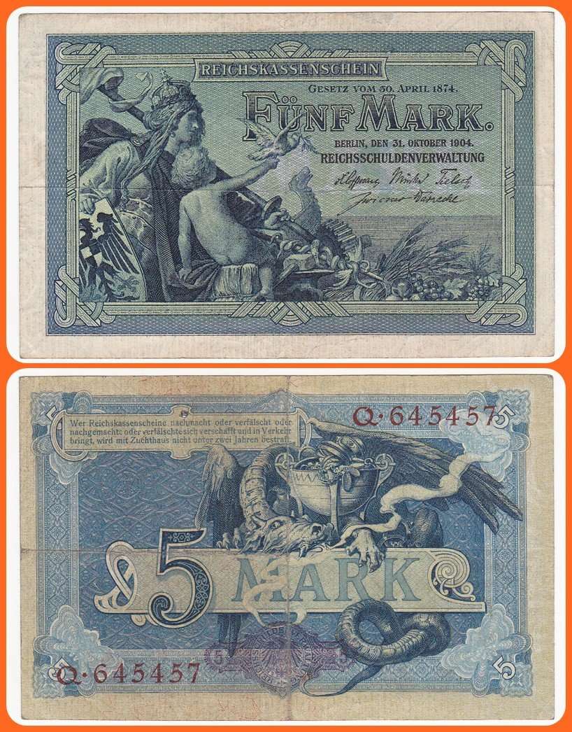 GERMANY - EMPIRE - PIC# 8a - 31.10.1904 - 5 MARK - VG/F NOTE - SER# Q.645457