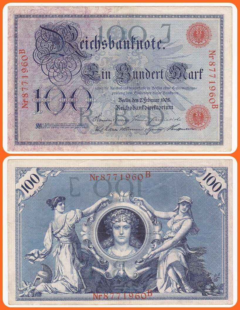 GERMANY - EMPIRE - PIC# 33a - 07.02.1908 - 100 MARK - F/VF NOTE - SER# Nr 8771960B