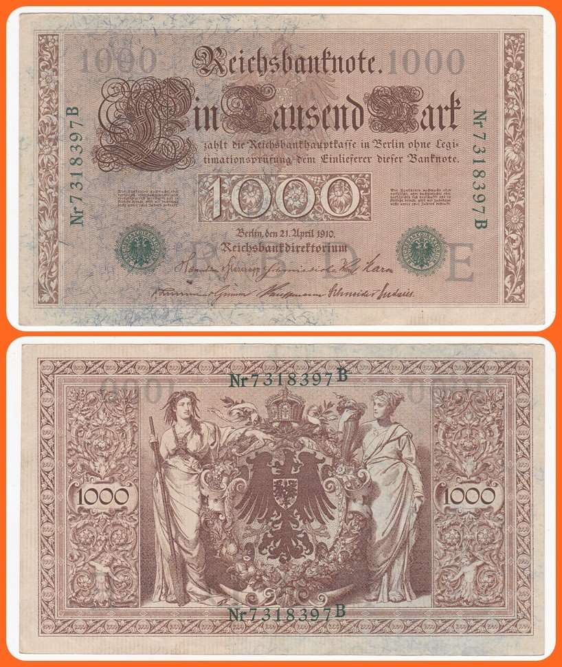GERMANY - EMPIRE - PIC# 45b - 21.04.1910 - 1000 MARK - VF NOTE - SER# Nr7318397B