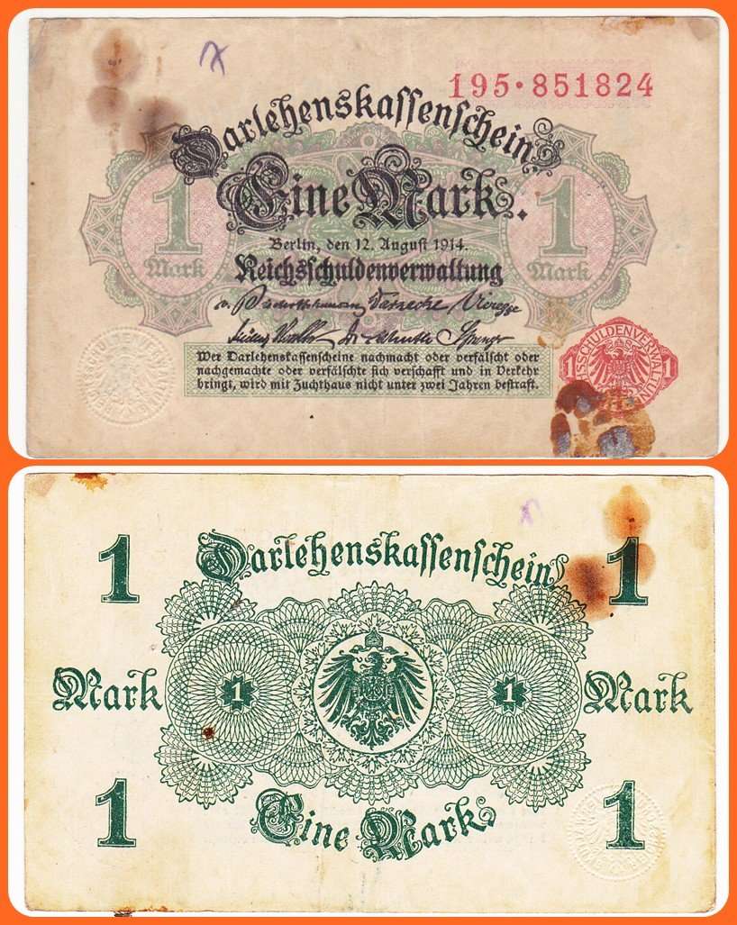 GERMANY - EMPIRE - PIC# 50 - 12.08.1914 - 1 MARK - F/VF NOTE - SER# 195.851824
