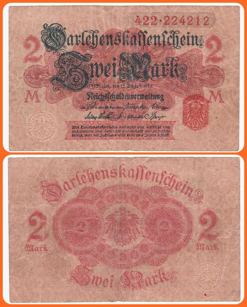GERMANY - EMPIRE - PIC# 54 - 12.08.1914 - 2 MARK - VG/F NOTE - SER# 422.224212