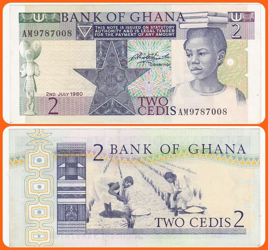 GHANA - 1980 - 2 CEDIS - PIC# 18c - XF/UNC NOTE - SER# AM9787008