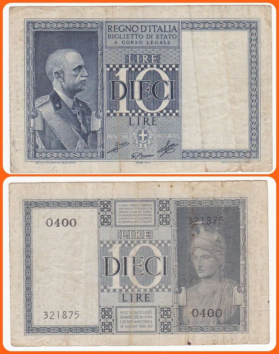 ITALY - 1939 - 10 LIRE - PIC# 25c - F/VF NOTE - SER# 321875