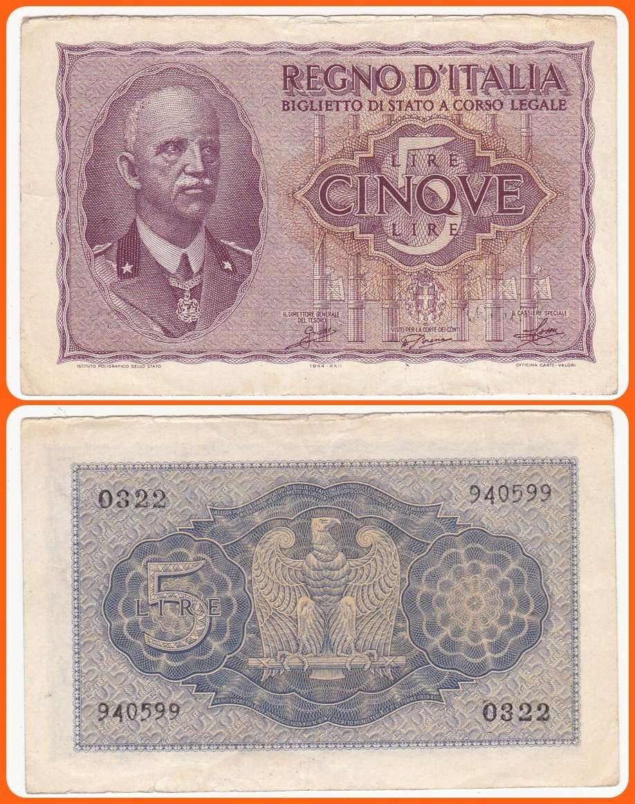 ITALY - 1944 - 5 LIRE - PIC# 28 - VF NOTE - SER# 940599