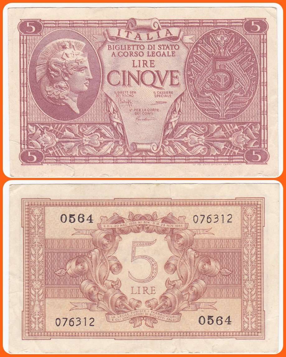 ITALY - 1944 - 5 LIRE - PIC# 31c - VF/XF NOTE - SER# 076312