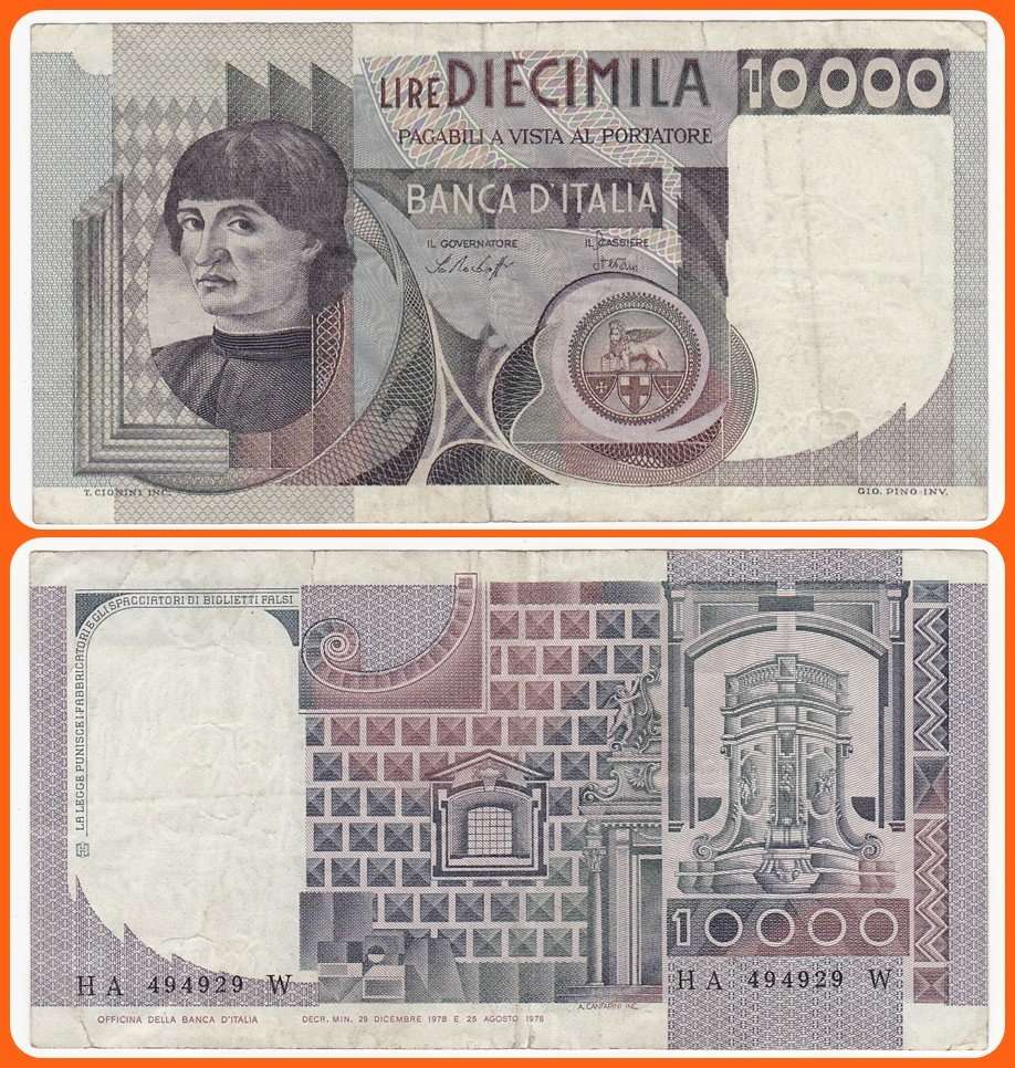 ITALY - 1978 - 10 0000 LIRE - PIC# 106a - F/VF NOTE - SER# HA494929W