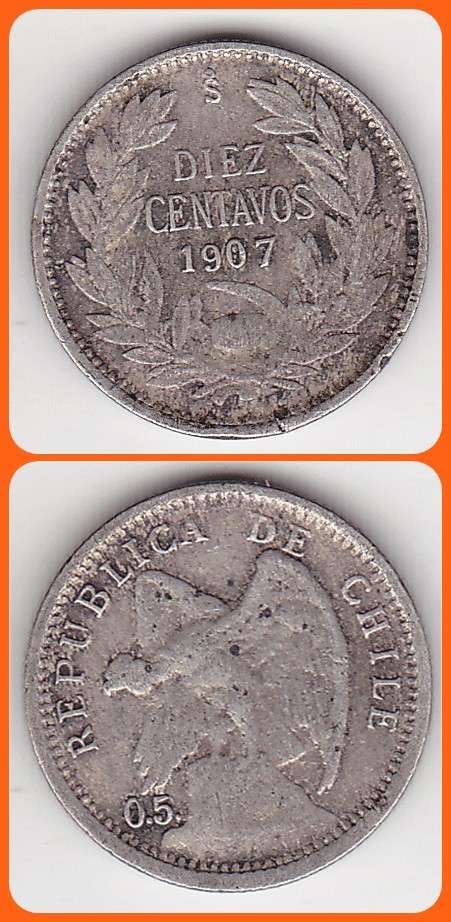 CHILE - 1907 - 10 CENTAVOS - KM# 156.2 - F COIN - 2.0g 0.50 SILVER