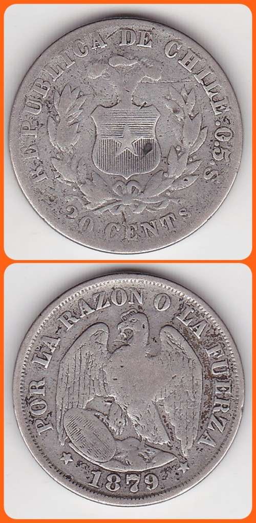 CHILE - 1879 - 20 CENTAVOS - KM# 138.2 - VG COIN - 5.0g 0.50 SILVER