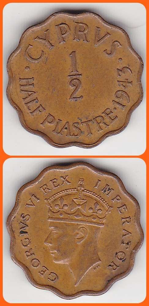 CYPRUS - 1943 - 1/2 PIASTRE - KM# 22a - VF/XF COIN