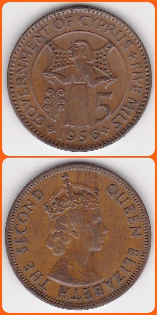 CYPRUS - 1956 - 5 MILS - KM# 34 - VF/XF COIN