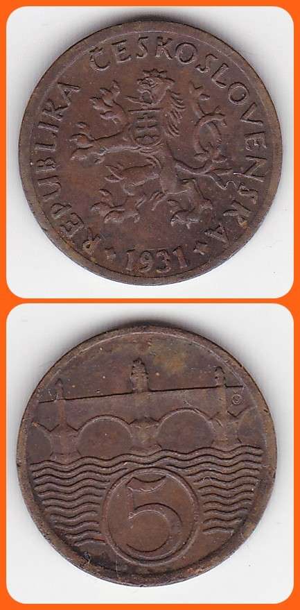 CZECHOSLOVAKIA - 1931 - 5 HALERU - KM# 6 - VF/XF COIN